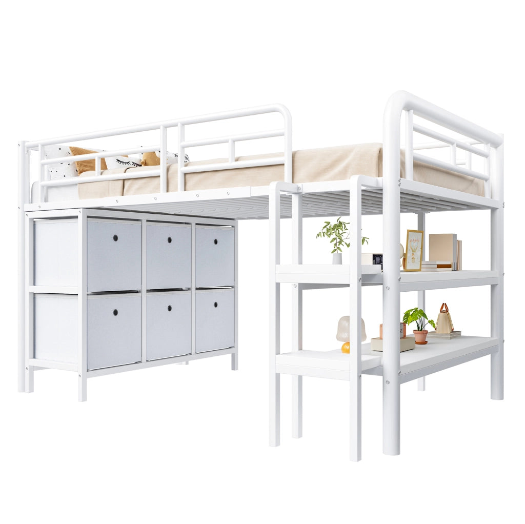 Hochbett per bambini 90x200 cm in metallo con scale; cassetti e ripiani; bianco
