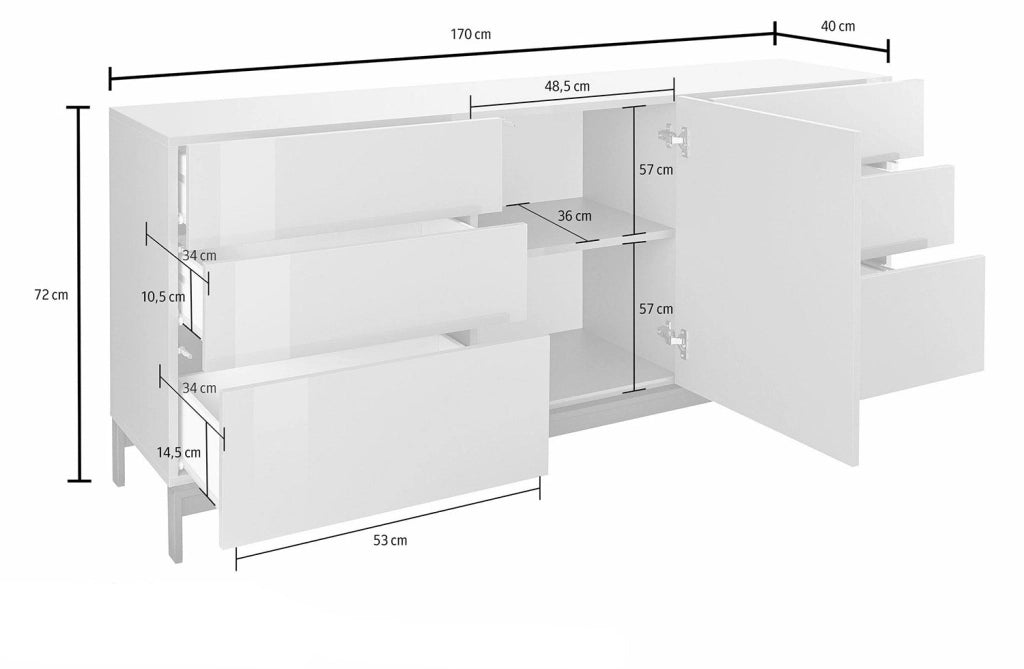 Credenza con piedi 1 Anta + 6 Cassetti 170x40x73 cm Metis Antracite Lucido