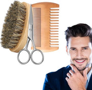 Set di spazzola e spazzola per uomini - cura della barba - 3 pezzi - legno e setole di cinghiale