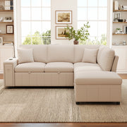 Divano angolare L convertibile con letto; pouf contenitore e lampada LED; 213x184x88 cm; beige in lino