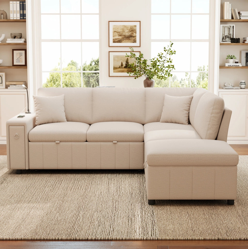 Divano angolare L convertibile con letto; pouf contenitore e lampada LED; 213x184x88 cm; beige in lino