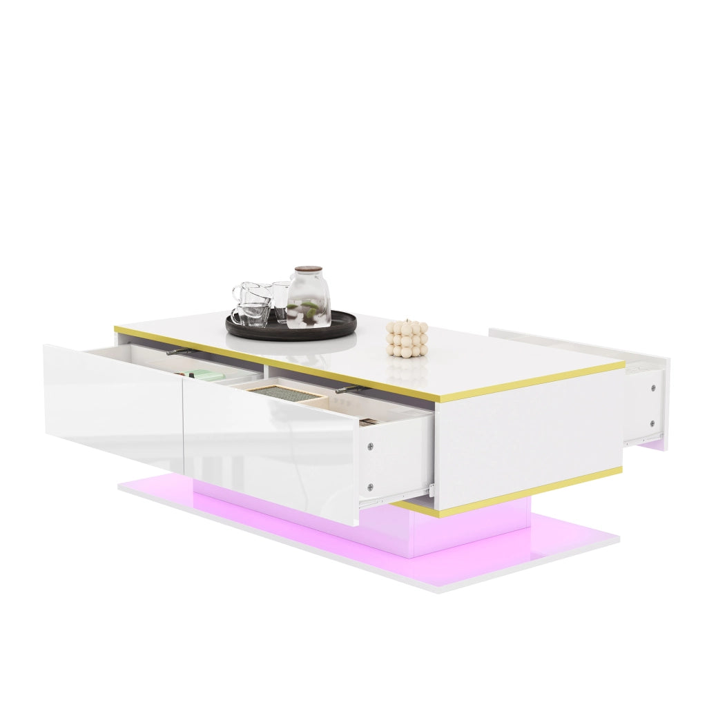 Tavolino da salotto con 3 Cassetti e 1 Vano aperto con LED; finitura lucida; per Soggiorno; 100 × 50 × 40 cm