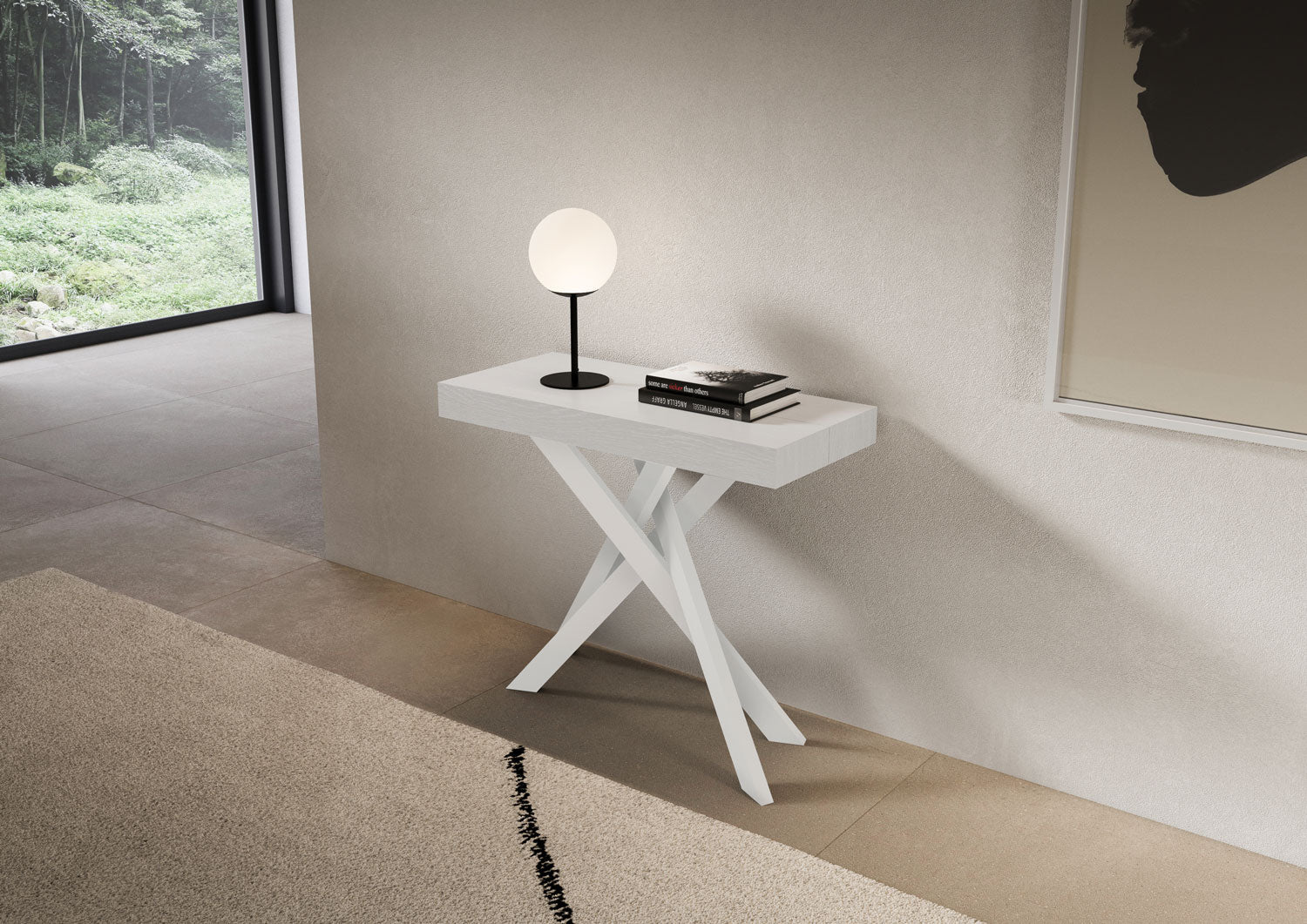 Consolle Allungabile 90-300x40x77 cm Saki Premium Bianco Frassino Gambe Bianche