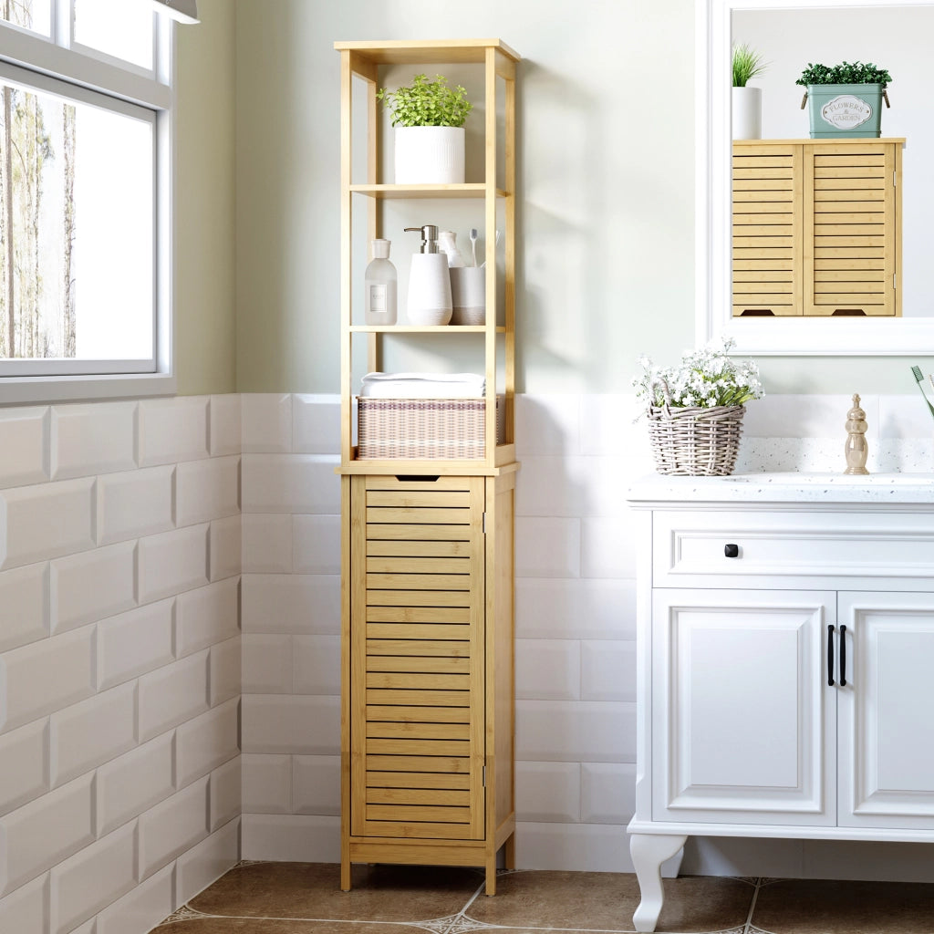 Mobile bagno alto in bambù 34 x 30 x 173 cm con 3 ripiani aperti e vano chiuso, antiribaltamento, naturale