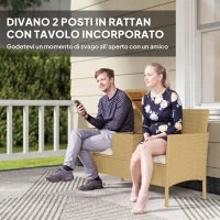 Panca da Giardino con Tavolino a Ribalta Portaoggetti, in Rattan e Acciaio, 134x58x82 cm, Crema e Cachi