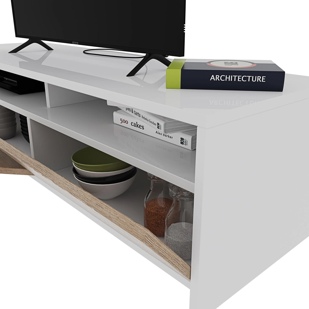 Mobile Soggiorno Porta Tv Moderno Parete Attrezzata Con 2 Ante E 2 Vani A Giorno Mobiletto Salvaspazio Da Terra Per Televisione Soggiorno Salotto Camera Da Letto 130 x 40 x 35 Cm Bianco E Rovere