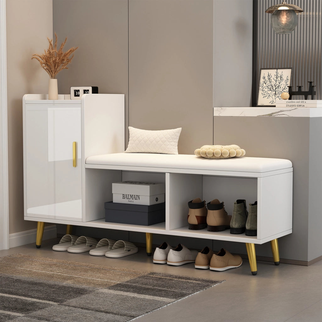 Scarpiera con panca e 3 ripiani regolabili con ante e vano aperto; per ingresso; bianco lucido; 120×35×71.5 cm