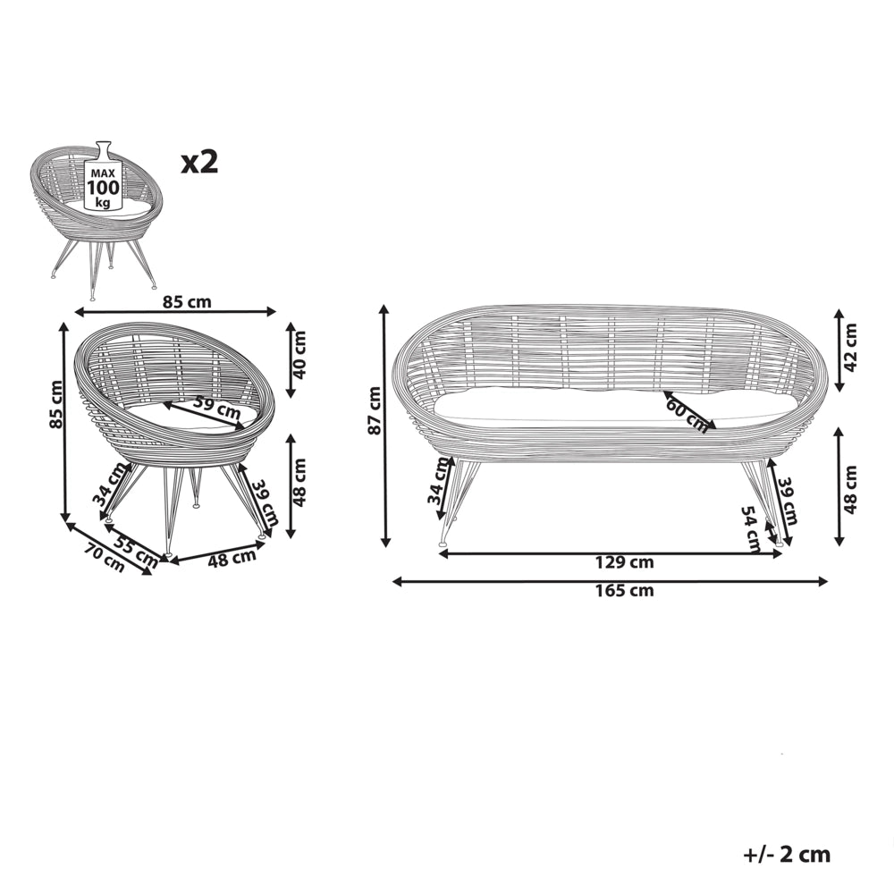 Set di divani a 4 posti in rattan naturale beige chiaro con cuscini in cotone per interni e per esterni in stile bohémien per il giardino e il balcone.