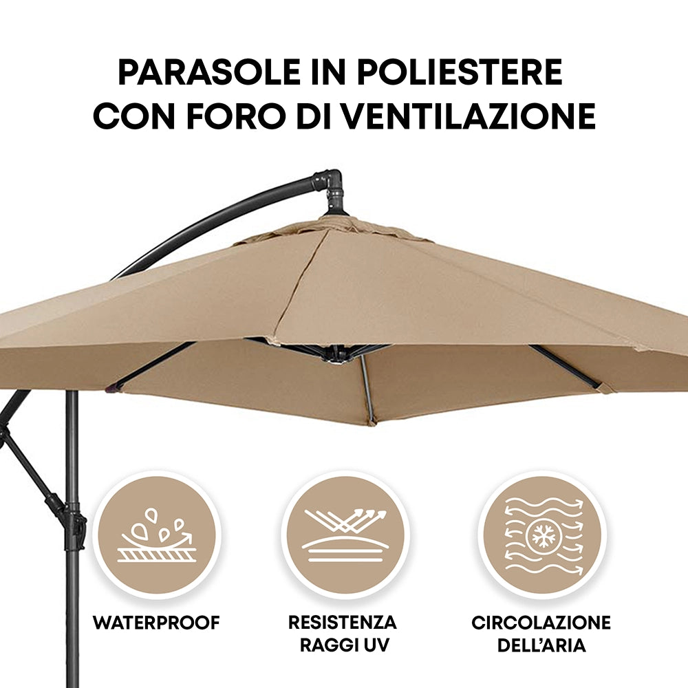 Ombrellone Da Giardino Diametro Ø3 Mt Struttura In Acciaio Inossidabile Antiruggine Apertura A Manovella Camino Antivento Impermeabile Uv Resistente Reclinabile Con Blocco Di Sicurezza Palo Decentrato