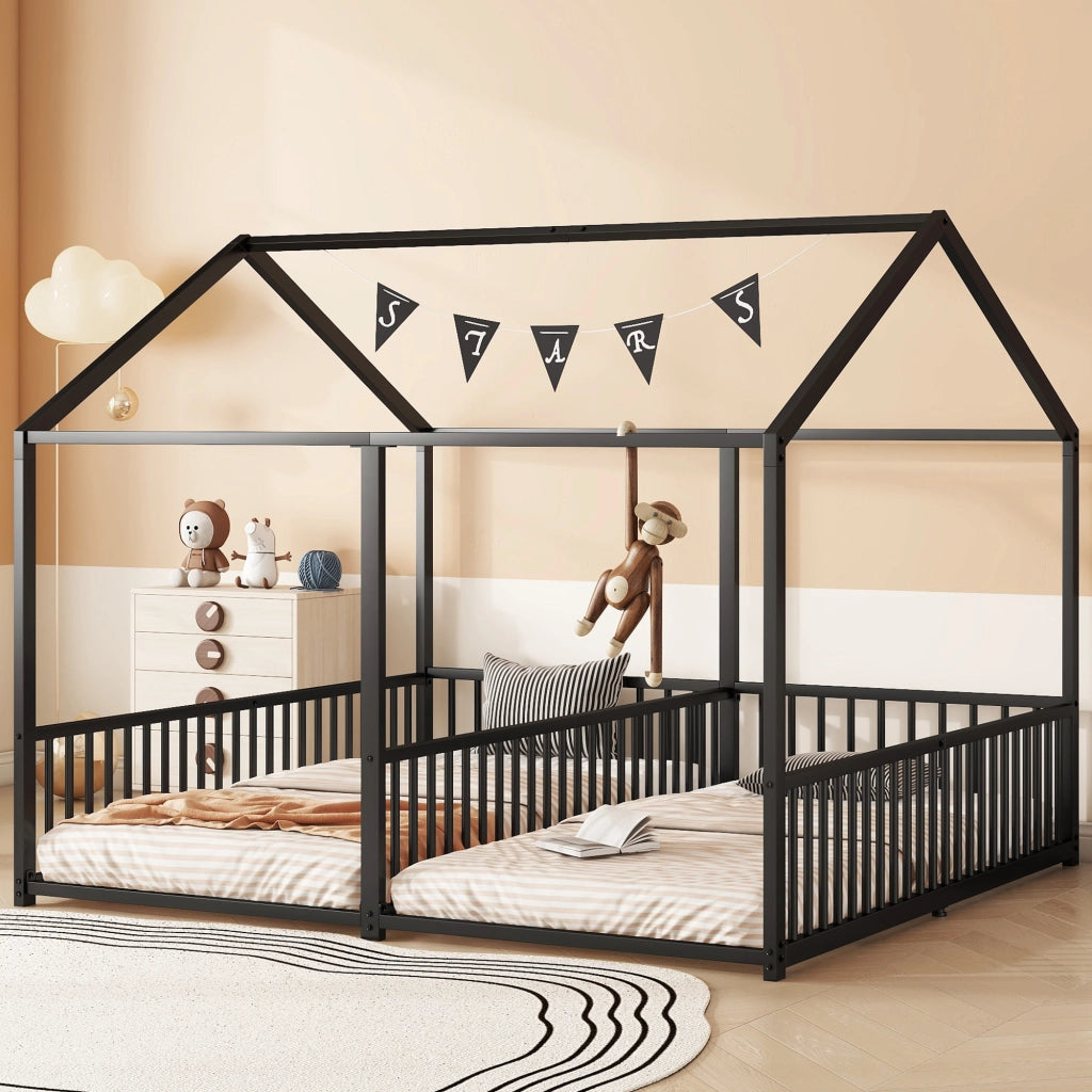 Letto a castello in metallo nero con parapetto e scala 90x200 cm