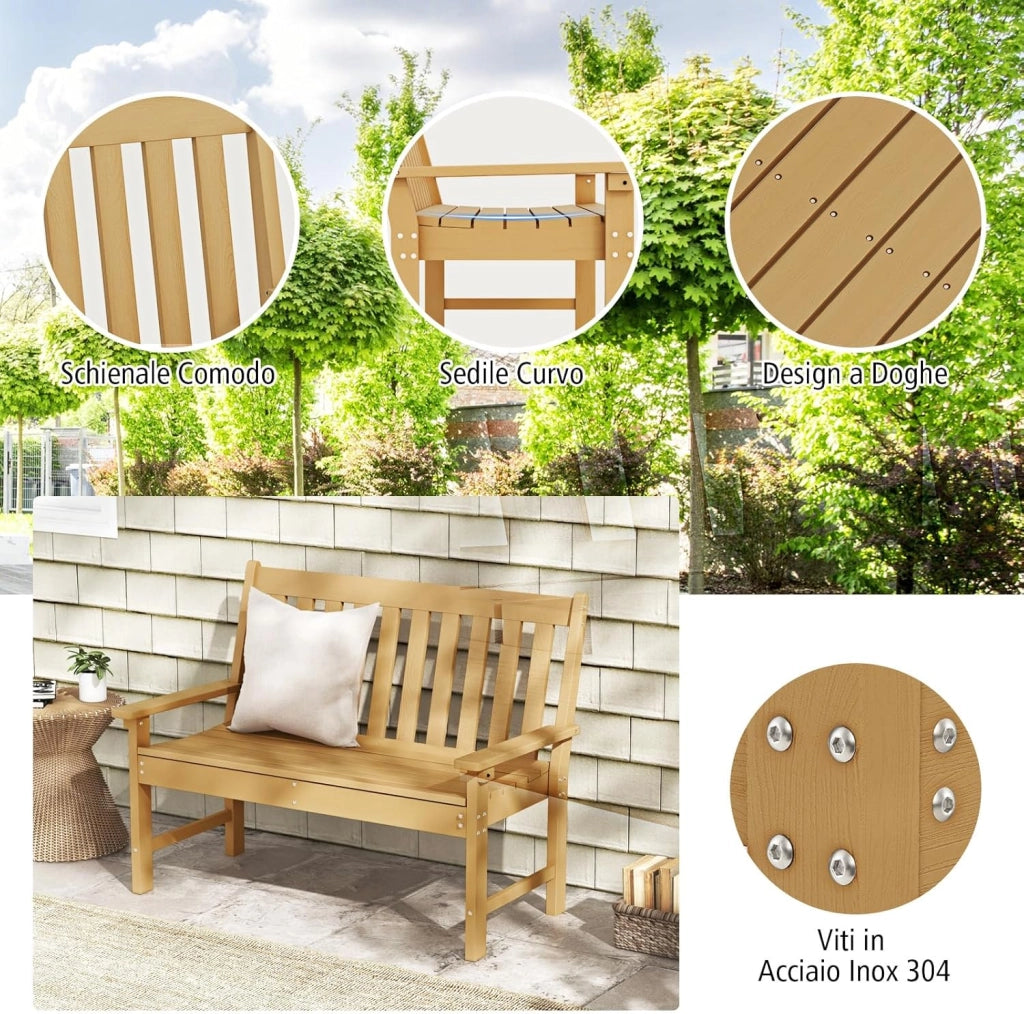 Panchina da Esterno, Panca da Giardino in HDPE Resistente con Schienale e Braccioli, Panchina da Parco, Balcone, Spogliatoio e Cortile, 132 x 65 x 91 cm (Naturale)