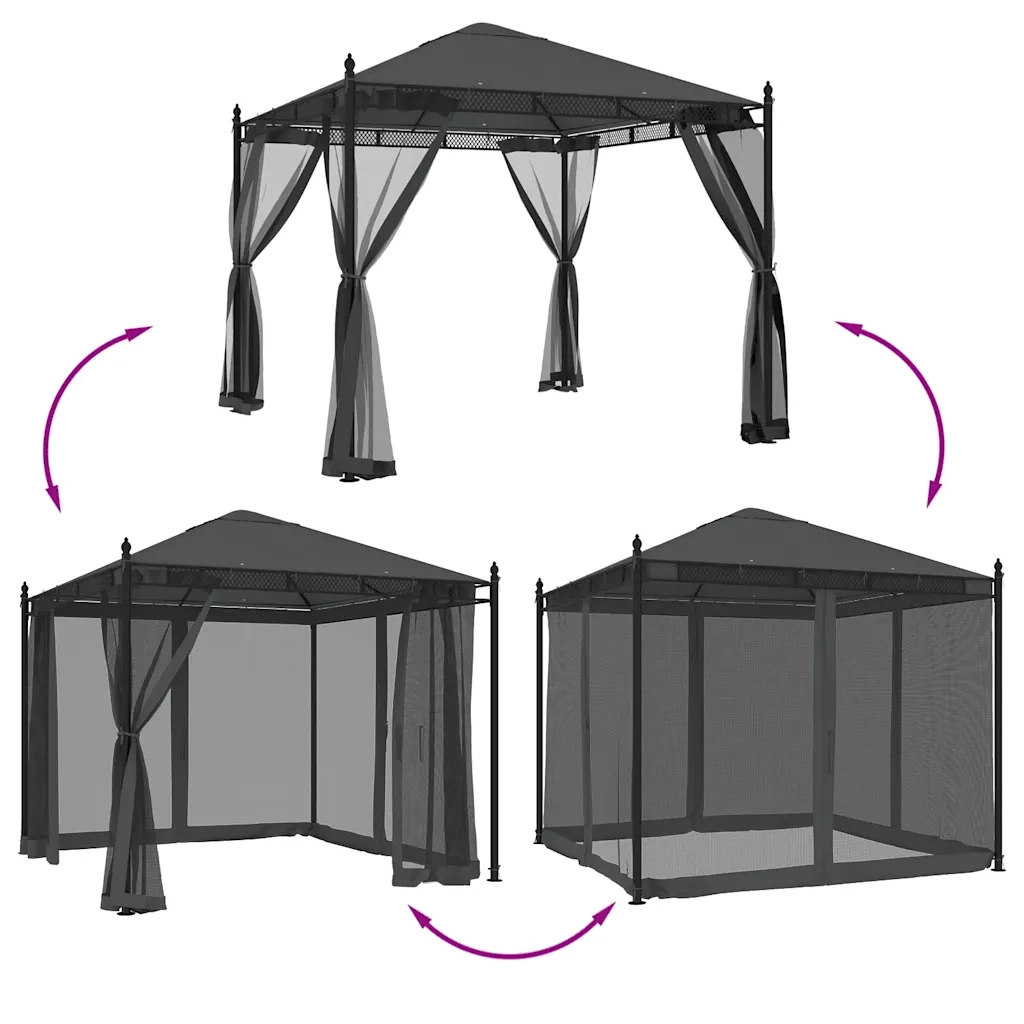 Gazebo | Pergolato con Pareti in Rete Antracite 2,93x2,93 m in Acciaio