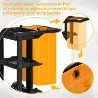 Carrello Pulizie a 3 Ripiani con Ganci e Sacco da 100L, 121x50.5x96.5 cm, Nero Giallo e Grigio