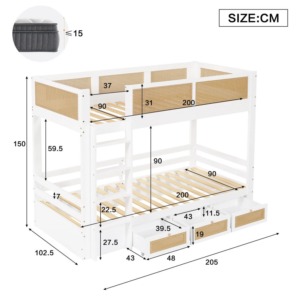 Letto a castello 90x200 cm con 3 cassetti e sponde di sicurezza; bianco e naturale