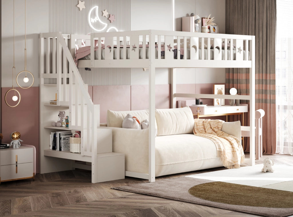 Letto a soppalco 140x200 cm con scala; ripiani e zona divano bianco