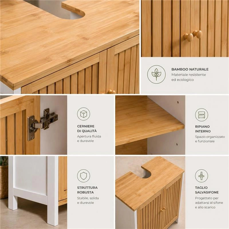 MOBILE SOTTOLAVABO IN LEGNO BIANCO CON 2 ANTE IN BAMBOO DIMENSIONI 60X30X70 CM
