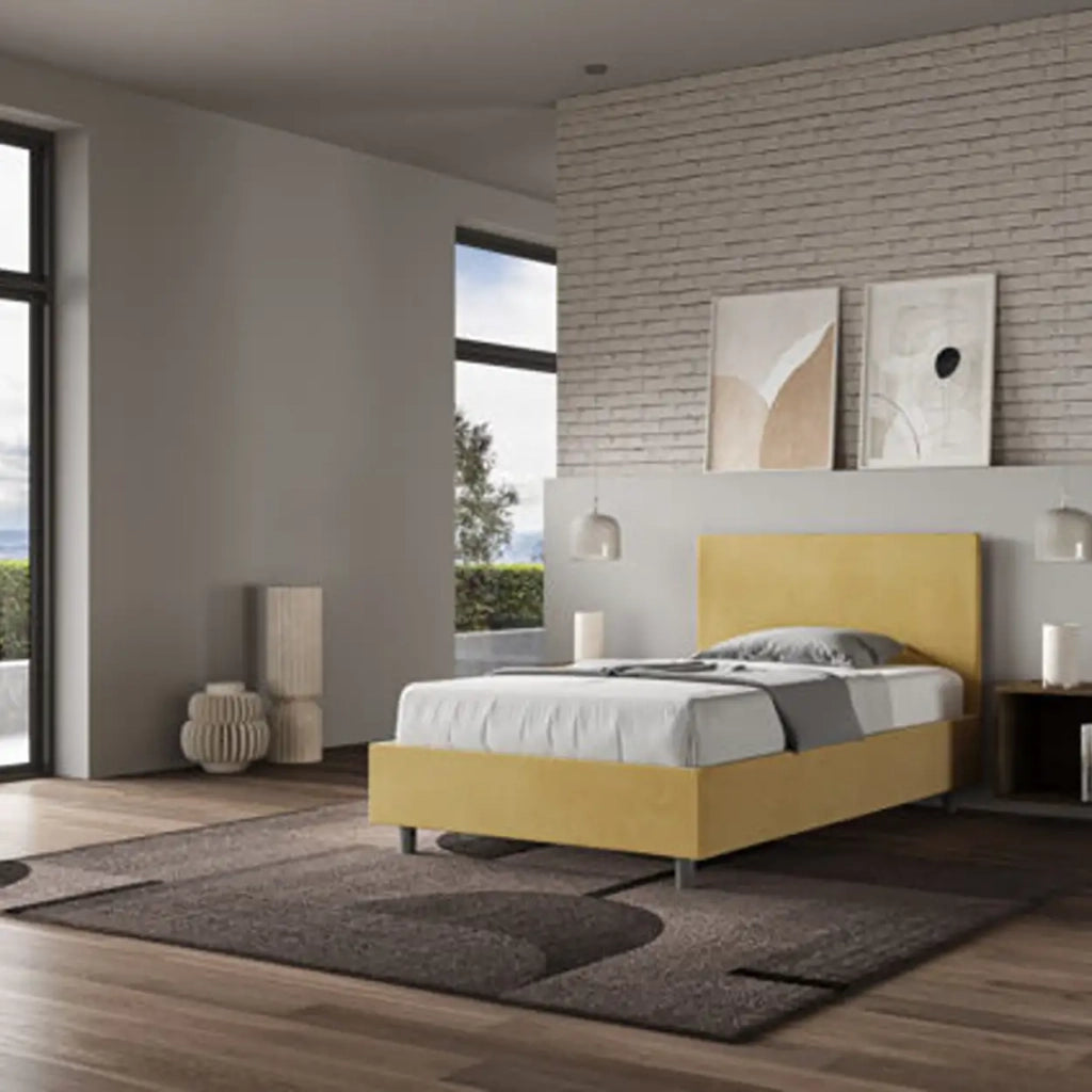Letto una piazza e mezza con rete imbottito 120x190 microfibra ocra Adele
