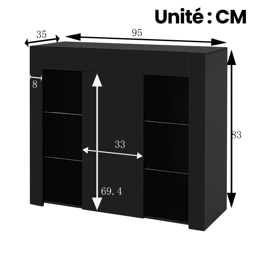 Credenza con 1 Anta e Ripiani in Vetro; Frontale Lucido; Stile Moderno; in Pannello Truciolare; 95??35??83 cm; Nero