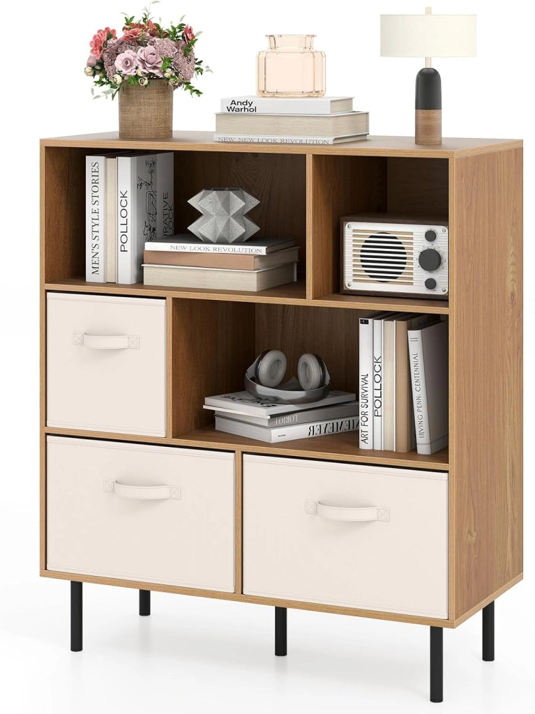 Libreria a 6 cubi, 3 ripiani, con 3 cesti in tessuto pieghevoli rimovibili e 2 protezioni antiribaltamento, libreria autoportante per casa e ufficio, 90 x 40 x 105 cm