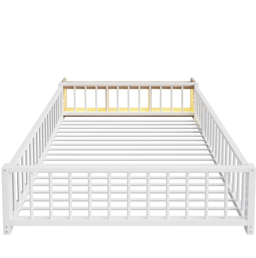 Letto 140x200 cm con sponde; vani portaoggetti e LED in MDF e metallo bianco