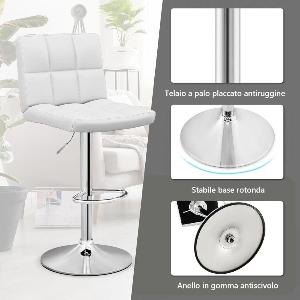 Set Sedie da Bar in Ecopelle con Altezza Regolabile, Seduta Girevole a 360°, Poggiapiedi e Base Metallica Antiscivolo, Sgabelli da Pranzo per Isola Cucina Bar, Portata 150 kg(Bianco,2)