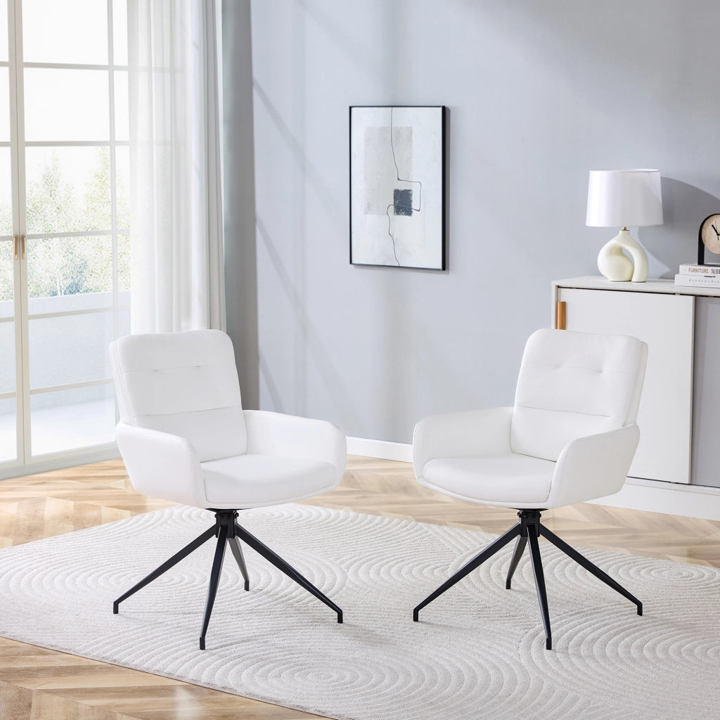Sedia da pranzo girevole 360° con schienale capitonné, PU e gambe in metallo nere, bianco e nero, 85 cm