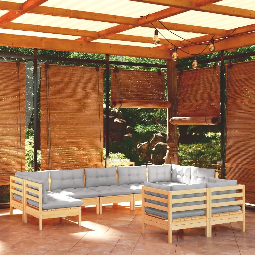 Set Divani da Giardino 9 pz con Cuscini Grigi Massello di Pino cod mxl 39291