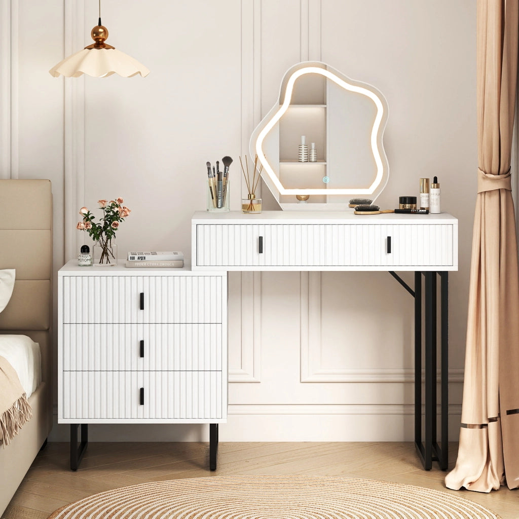 Toeletta specchio luci 3 colori luminosità regolabile 5 cassetti fluted metallo-Tavolo trucco tavolino laterale moderno Bianco