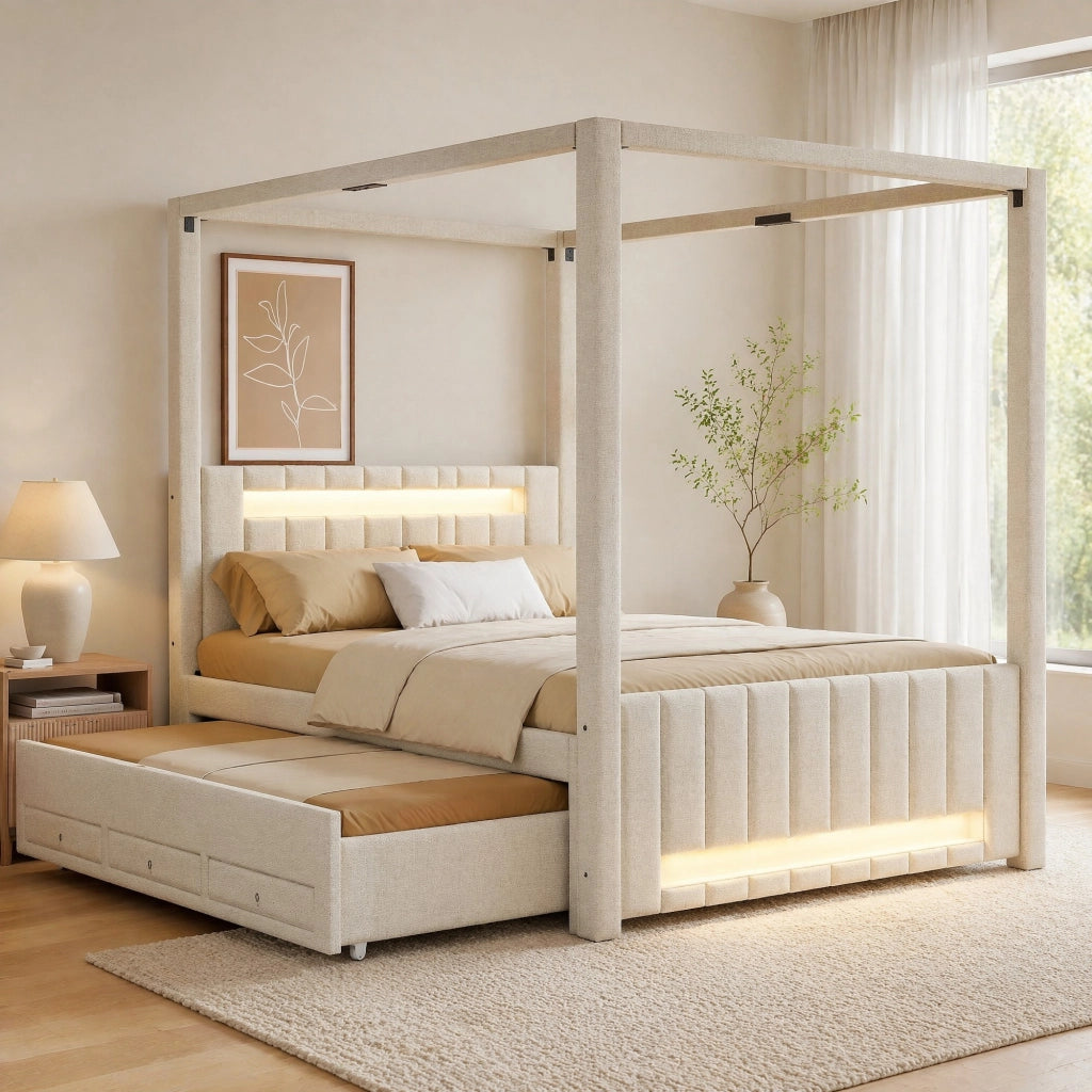 LETTO A BALDACCHINO 140x200 cm con letto estraibile e 3 cassetti, LED Beige