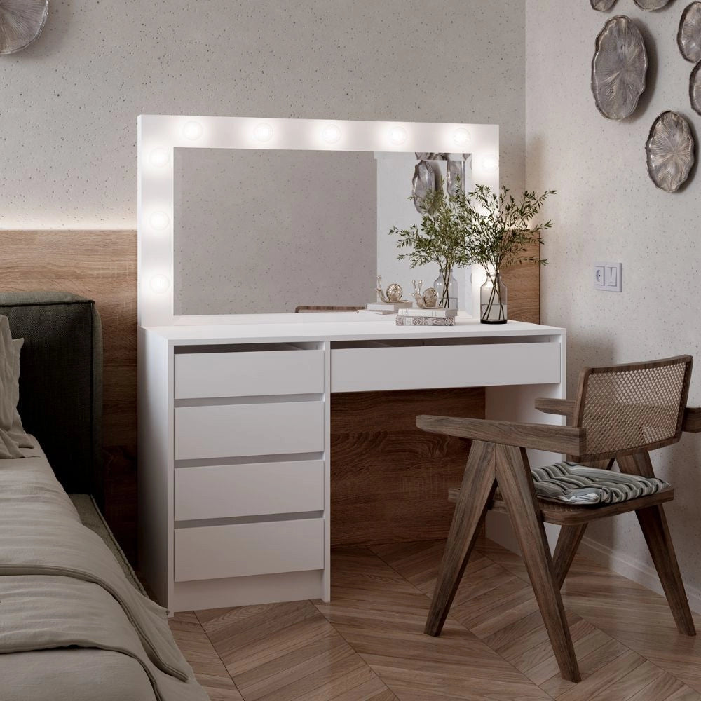 Toeletta trucco Elite bianca con specchio 5 cassetti e lampadine LED 120x55x150H
