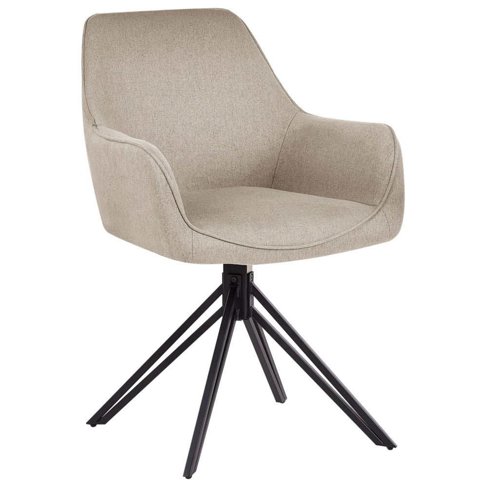 Set di 2 sedie da pranzo girevoli in tessuto tortora con braccioli e schienale in metallo nero con gambe in stile retrò