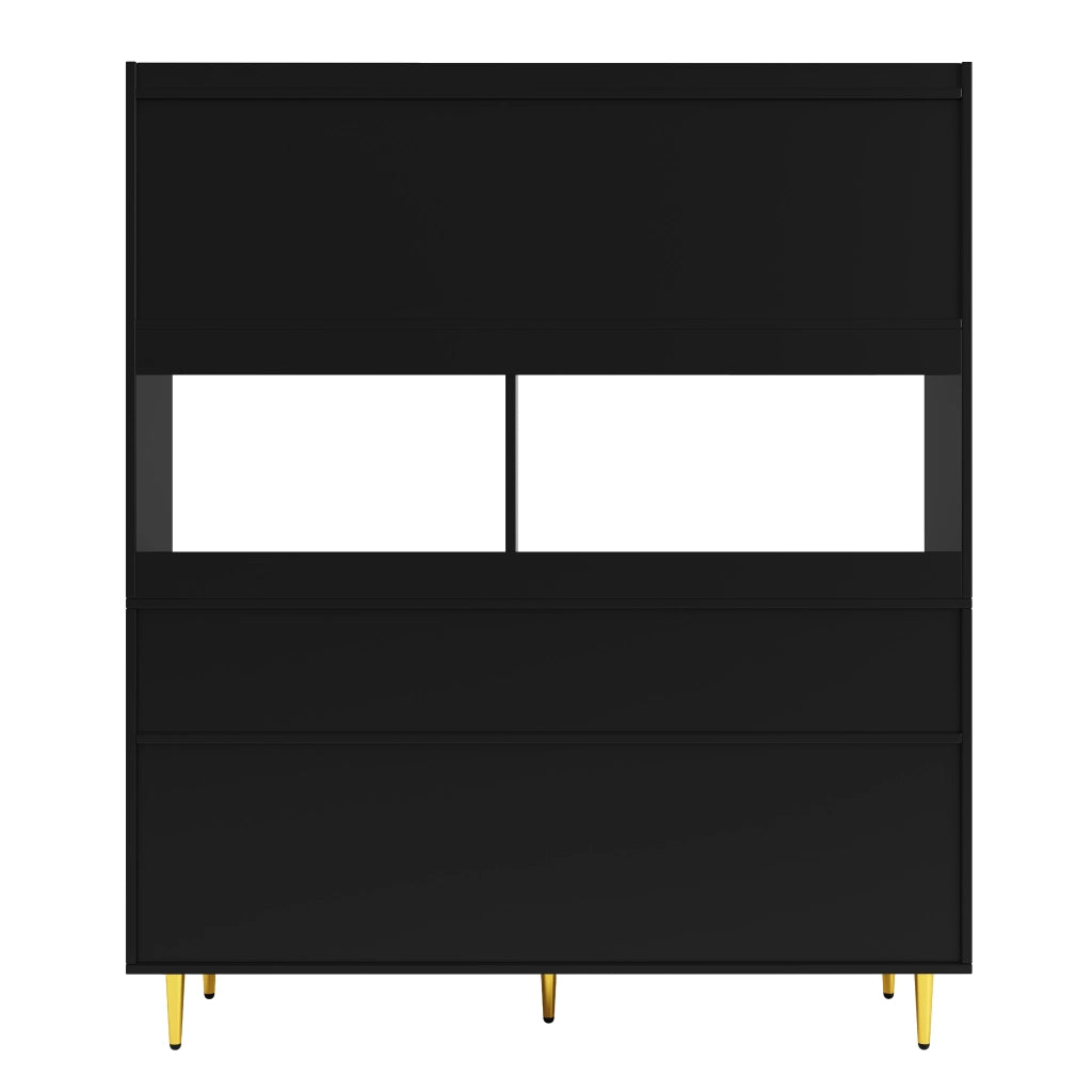 Madia Alta con Ante in Vetro Rigato; Portabottiglie e Vani Aperti per Sala da Pranzo; MDF; Nero; 145 x 39 x 171 cm