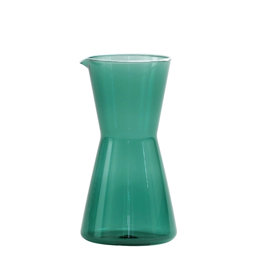 Zafferano Caraffa collezione Classy in vetro borosilicato soffiato a bocca color Verde Lago, design ergonomico e geometrico, manifattura artigianale