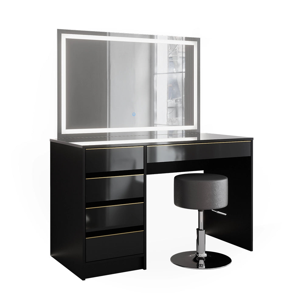 Vicco Tavolino da toilette Nero/oro 120 cm con specchio LED e sgabello
