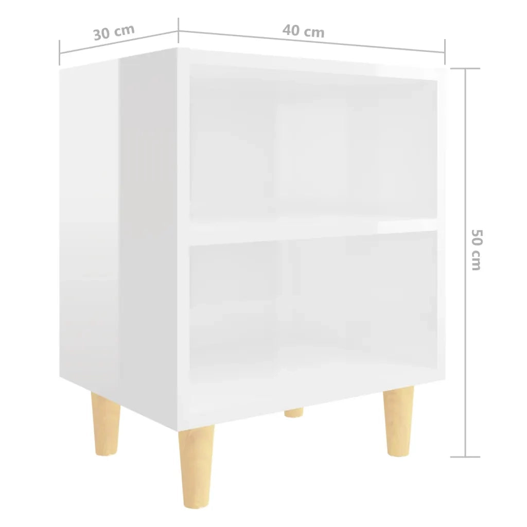 Set di 2 Comodini | Armadio da Notte | Mobiletto da notte Gambe in Legno Massello Bianco Lucido 40x30x50 cm