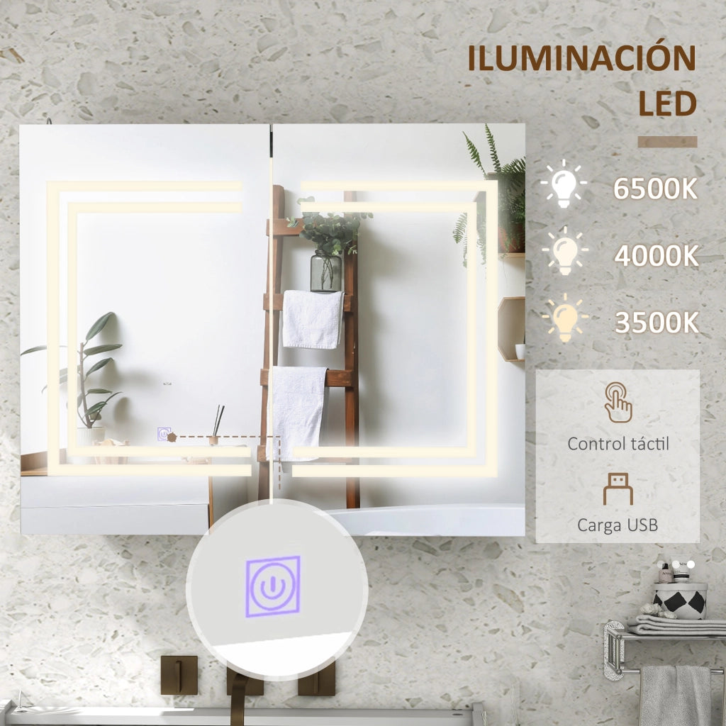 Armadietto Bagno Specchio con Ripiani Regolabili e Luce LED ¨C Zephmum ¨C Bianco 80x15x65 cm