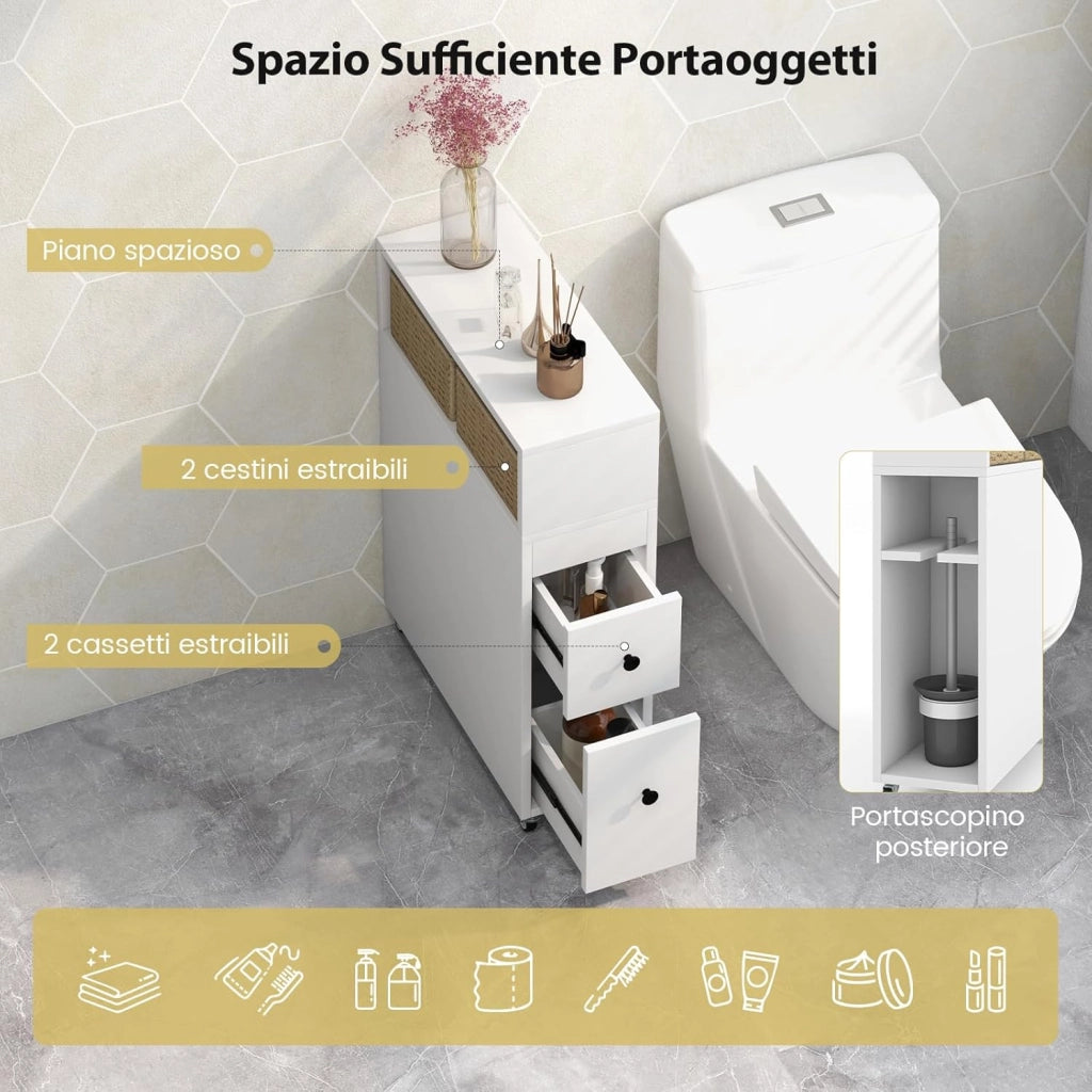 Mobile Bagno 50 x 19 x 72 cm, Arredo Salvaspazio con 2 Cassetti, 2 Cesti in Rattan, Ruote e Ripiani, Armadietto Stretto per Spazi Ridotti, Salotto e Cucina (Bianco)