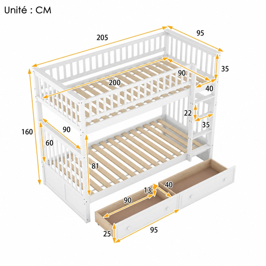 DESMIU Letto a castello per bambini 90 × 200 cm con 2 cassetti, convertibile in 2 letti, senza materasso, bianco