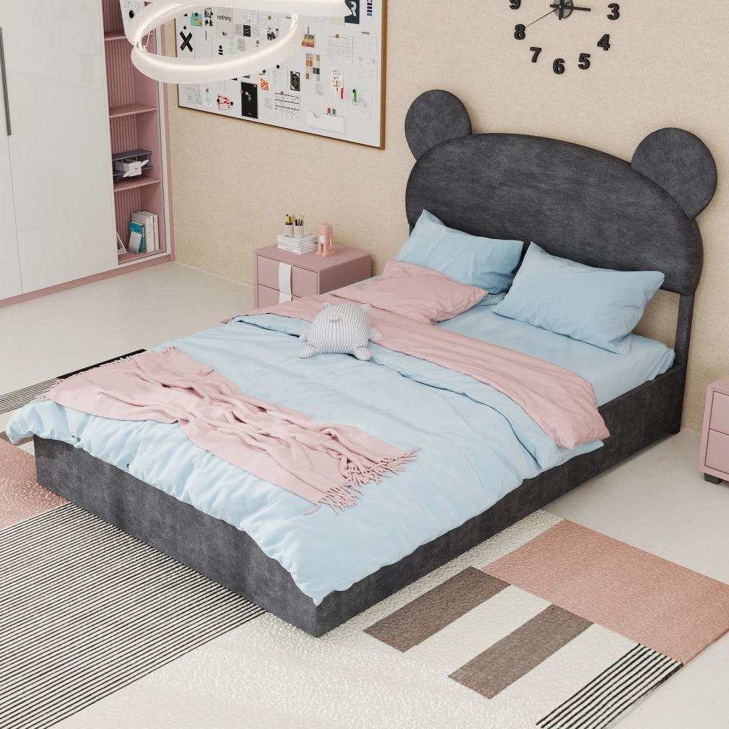 Letto Matrimoniale 140x200 cm; Testiera Sagomata; Contenitore a Gas - in Tessuto e Metallo - Grigio