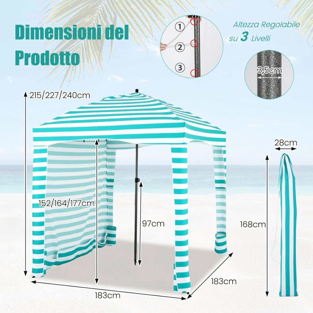 Tenda da Spiaggia Pieghevole 183 x 183 cm, Tenda da Mare con Borsa di Trasporto, Parete Removibile e 8 Tasche per Sabbia, per Spiaggia, Campeggio e Picnic (Verde e Bianco, 183 x 183 cm)