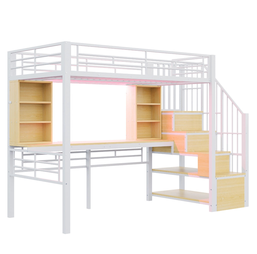 Letto a soppalco 90x200 cm con scrivania, scala contenitore e LED bianco