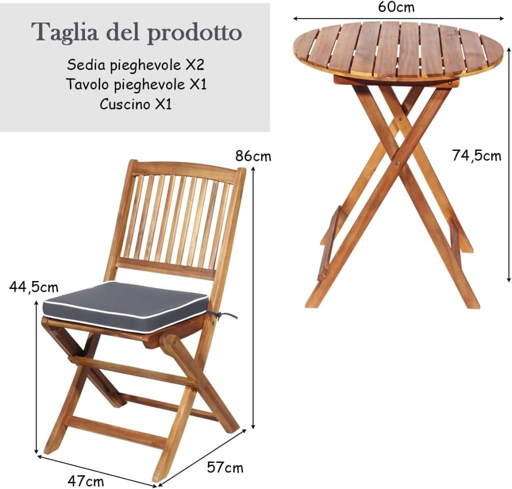 Set Tavolino e Sedie da Giardino, Set da Bistrò 3 Pezzi Pieghevole in Legno di Acacia, con Cuscino, Tavolino Portato 80 kg, Sedie Portate 160 kg (Cuscino Grigio)