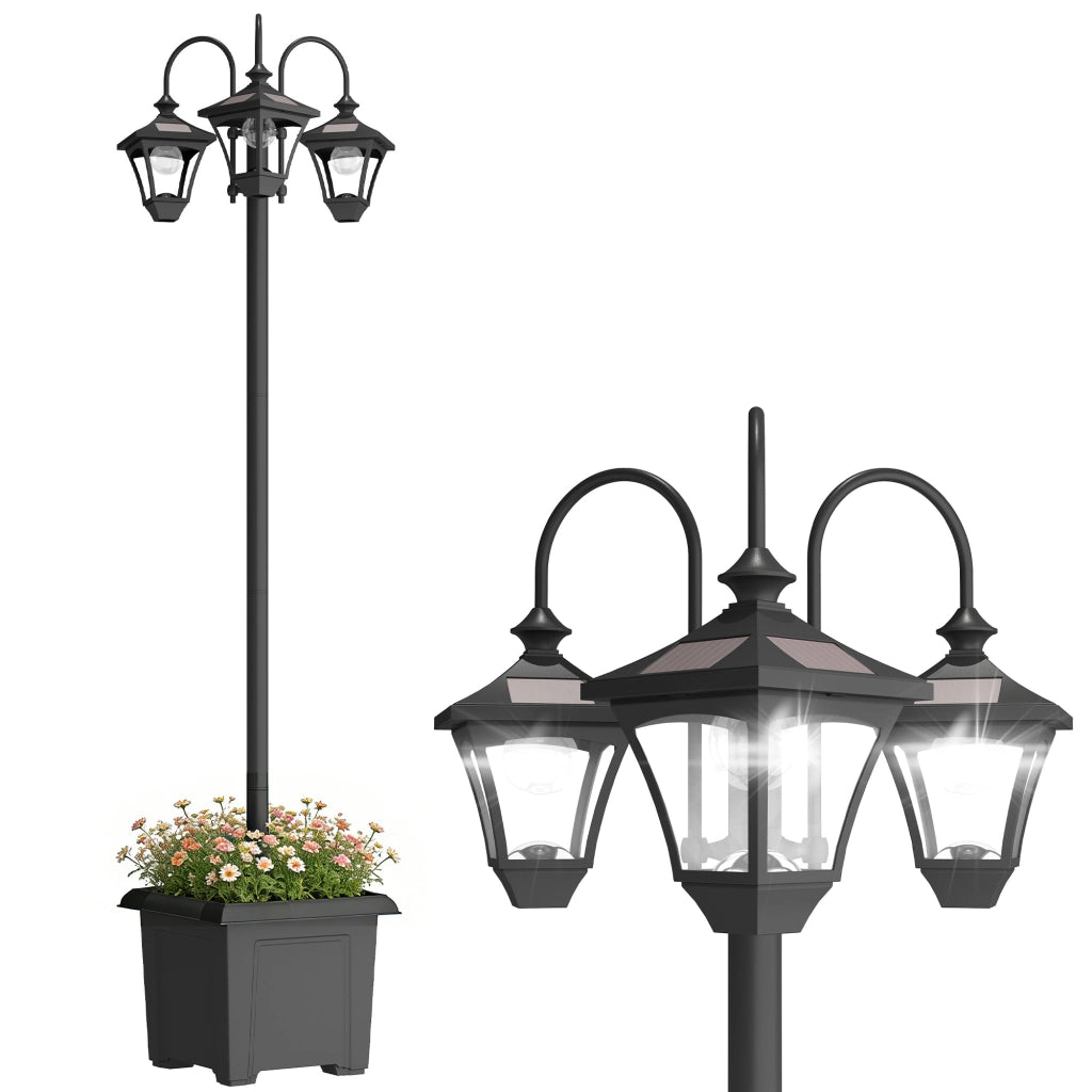 Lampione da Giardino a 3 Luci con Fioriera e Sensore Crepuscolare ¨C Xylo ¨C 52x52x185cm Nero