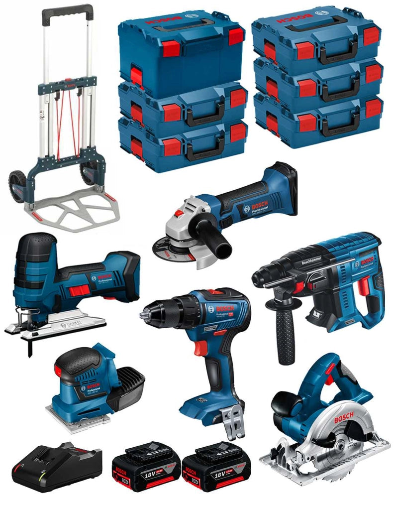 BOSCH Kit 18V BK601 (GST 18V-LIS+GKS 18V-LI+GSS 18V-10+GSR 18V-55+GBH 18V-21+GWS 18-125V-LI+2x4,0Ah+GAL18V-40+6xL-Boxx+Carrello)