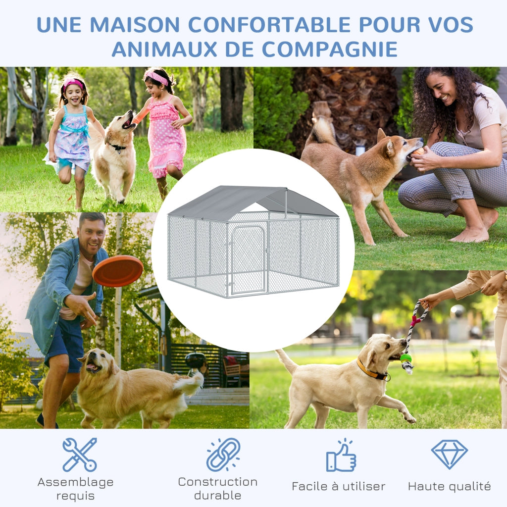 Recinto per Cani Esterno Coperto in Acciaio Galvanizzato ¨C zephmum ¨C Grigio 230x230x175 cm