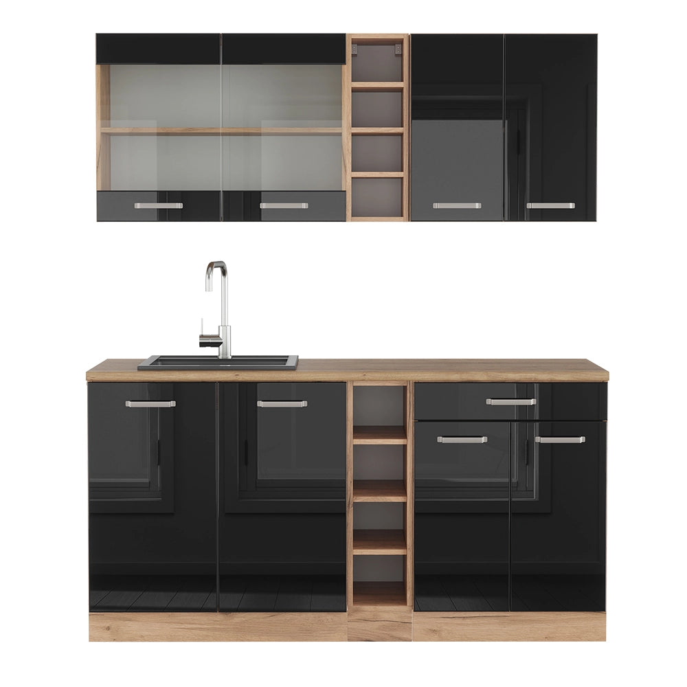 Vicco Cucina monoblocco Rovere nero/oro lucido 160 cm Senza piano di lavoro