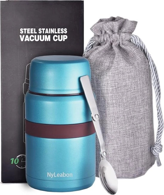 Contenitore termico per cibo, 500 ml, acciaio inossidabile, contenitore termico per alimenti, scatola per pranzo, contenitore termico, biberon, pentola di isolamento con cucchiaio a sbieco, per bambini e adulti (blu)