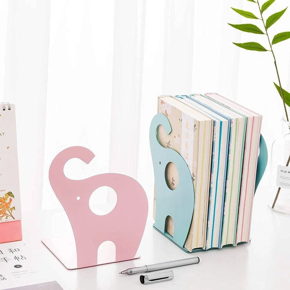 Trade Shop - Set 2 Pezzi Fermalibri Motivo Elefante In Ferro Per Bambini Libri Da 19 X 12 Cm -