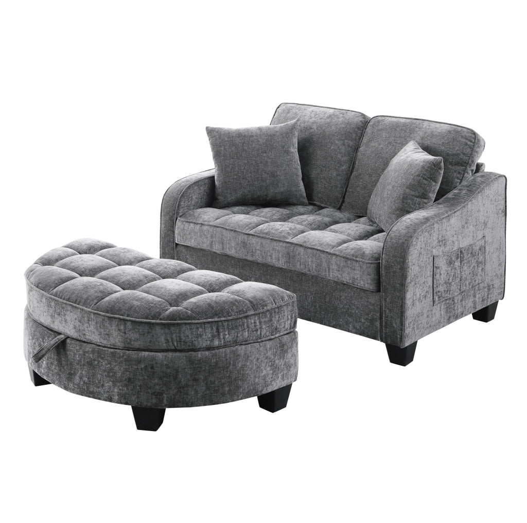 Divano letto 132x129x93 cm convertibile con pouf contenitore in eucalipto grigio scuro