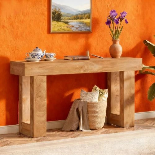 consolle da ingresso in legno stile casa di campagna, piano lungo 160 cm, marrone, per soggiorno e corridoio